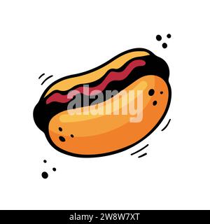 Hot Dog-Illustration. Fastfood-Illustration im Doodle-Stil. Handgezeichnete Skizze von Hot Dog. Farbenfroher Hot Dog mit Filzstift gezeichnet. Stock Vektor
