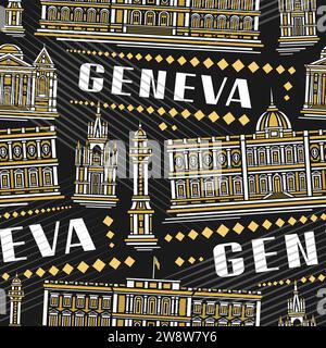 Vektor Genf nahtloses Muster, Quadrat wiederholender Hintergrund mit Illustration der berühmten europäischen genfer Stadtlandschaft auf dunklem Hintergrund, dekorative Linie Stock Vektor