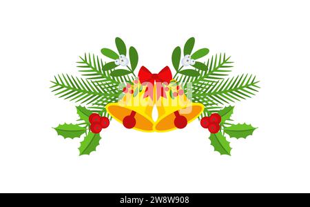 Weihnachtsgirlande mit Glocken und Pflanzenzweigen, Blumen und Beeren. Stock Vektor