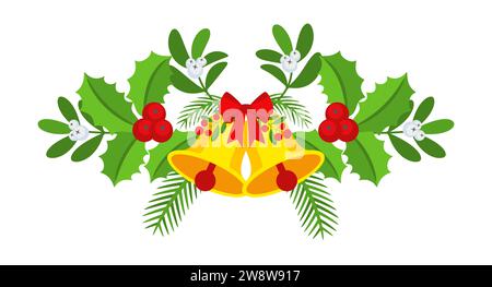 Weihnachtsgirlande mit Glocken und Pflanzenzweigen, Blumen und Beeren. Stock Vektor