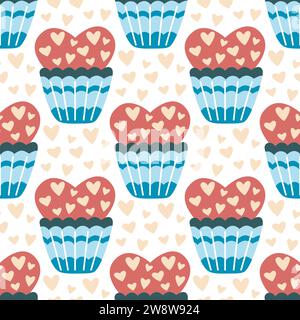 Süße Kuchen mit cremefarbenem Muster. Herzförmige Cupcakes Hintergrund. Romantischer Druck mit Herzen und Gebäck, Vektor-Illustration Stock Vektor