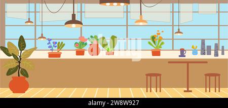 Apartment-Innenausstattung, Küche, Esszimmer und Wohnzimmer. Zimmerpflanzen, gemütliches Zuhause. Vektorabbildung. Stock Vektor