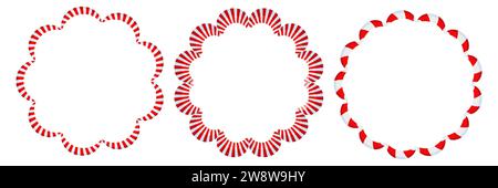 Weihnachtlicher Zuckerrohr-Rahmen. Gestreifter kreisförmiger Aufkleber mit Band. Stock Vektor