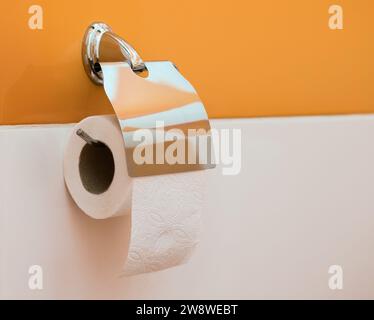 Edelstahlhalter mit einer Rolle Toilettenpapier an einer orangefarbenen und weißen Wand in der Toilette Stockfoto