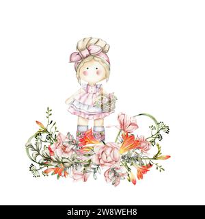 Die Zusammensetzung der Tilda-Puppe in Kleid und Freesieflümchen. Handgezeichnete Aquarellillustration. Design für Babyduschparty, Geburtstag, Kuchen, Weihnachtsfeier Stockfoto