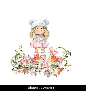 Die Zusammensetzung der Tilda-Puppe in Kleid und Freesieflümchen. Handgezeichnete Aquarellillustration. Design für Babyduschparty, Geburtstag, Kuchen, Weihnachtsfeier Stockfoto