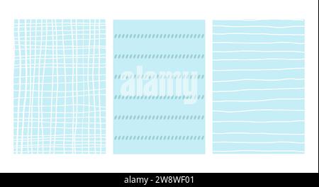 Einfache Geometrische, Handgezeichnete Unregelmäßige Muster. Kritzelte einfache Zeichnung mit Texturen. Blaues Posterset. Lustiges Pastellfarbenpapier. Stock Vektor