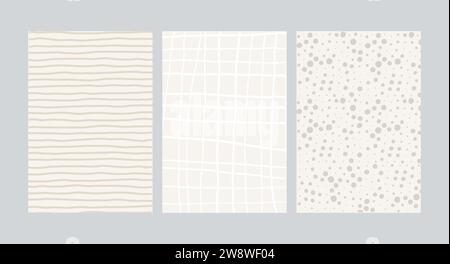 Einfache Geometrische, Handgezeichnete Unregelmäßige Muster. Beigefarbene, gepunktete, einfache Zeichnung mit Texturen. Posterset. Lustiges Pastellfarbenpapier Stock Vektor