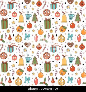 Weihnachtliches Muster mit groovigen Elementen. Groovige Hippie-Textur mit Weihnachtsgegenständen im Retro-Stil der 70er Jahre. Vektor-handgezeichnete Illustration auf weißem Hintergrund. Stock Vektor