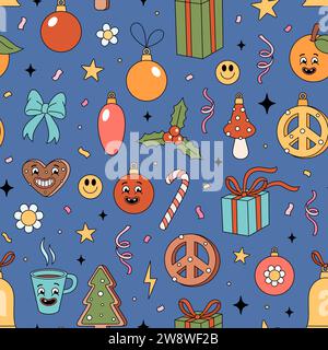 Weihnachtliches Muster mit groovigen Elementen. Groovige Hippie-Textur mit Weihnachtsgegenständen im Retro-Stil der 70er Jahre. Vektor Hand gezeichnete Illustration auf dunkelblauem Hintergrund. Stock Vektor