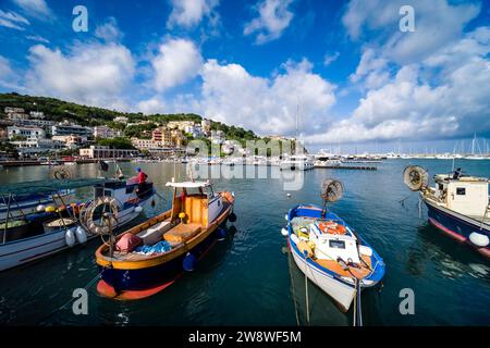 Fischerboote vor Anker im Hafen und Jachthafen von Agropoli, Häuser der Stadt in der Ferne. Stockfoto