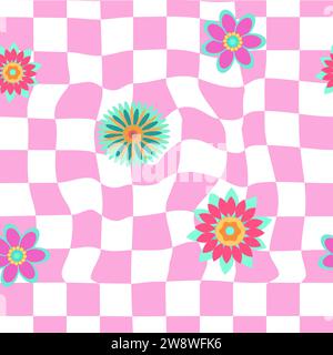 Prints im Cartoon-Stil mit Blumen und Pilzen, Gläsern und Retro-Elementen. Kostenloser Geist lustige Hintergründe. Böhmische nahtlose Muster aus den 70er Jahren Stock Vektor