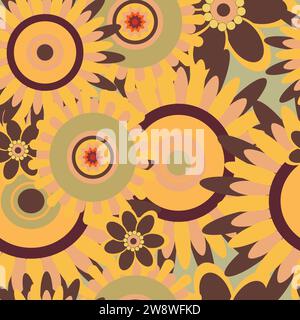 Prints im Cartoon-Stil mit Blumen und Pilzen, Gläsern und Retro-Elementen. Kostenloser Geist lustige Hintergründe. Böhmische nahtlose Muster aus den 70er Jahren Stock Vektor