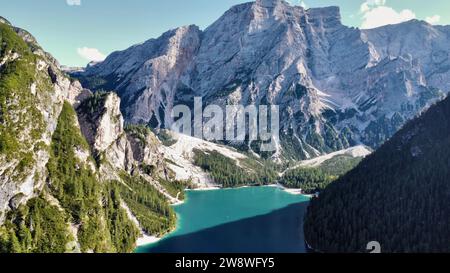 Drohnenfoto Pragser See Dolomiten Italien europa Stockfoto