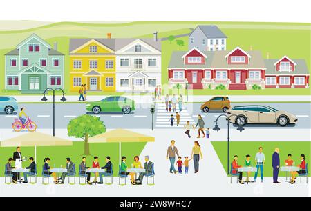 Freizeit mit der Familie in der Stadt und Straßenverkehrsillustration Stock Vektor