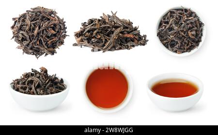 Da Hong Pao, Big Red Robe Oolong, Sammlung von losen Blättern und Schüsseln von gebrühtem chinesischem Tee isoliert auf weißem Hintergrund Stockfoto