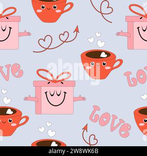 Nahtloses handgezeichnetes Muster mit lächelndem Becher und glücklicher Geschenkbox. Vector Valentinstag Design. Stock Vektor