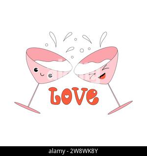 Niedliche Valentinskarte mit zwei lächelnden Weingläsern. Maskottchendesign. Stock Vektor