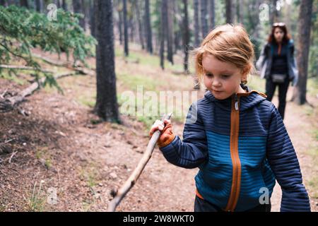 Ein Mädchen mit einem Stock wandert im Wald, Colorado Stockfoto