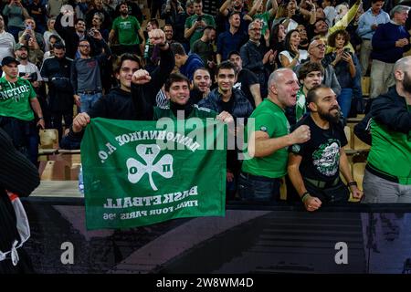 Monaco, Monaco. Dezember 2023. Panathinaikos Fans feiern ihren Sieg nach dem 15. Tag der Turkish Airlines EuroLeague zwischen AS Monaco und Panathinaikos in Salle Gaston Medecin. Endergebnis; ALS Monaco 90:91 Panathinaikos BC. (Foto: Laurent Coust/SOPA Images/SIPA USA) Credit: SIPA USA/Alamy Live News Stockfoto