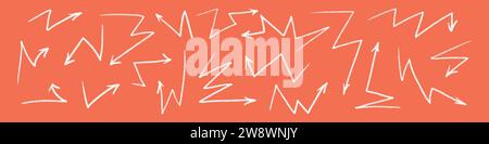 Handgezeichneter Pfeil setzt Kreide, Pinsel und Bleistiftkritzel. Buntstifte, wirbelnde Elemente mit handgeschriebener Textur. Abbildung des flachen Vektors isoliert auf Stock Vektor