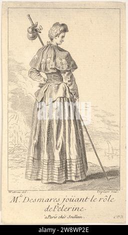 Die Schauspielerin Charlotte Desmares spielt die Pilgerrolle, von hinten mit nach rechts gedrehtem Kopf gezeigt, sie hält einen Wanderstock, Muschelschalen zieren ihr cape 2012 von Antoine Watteau Stockfoto