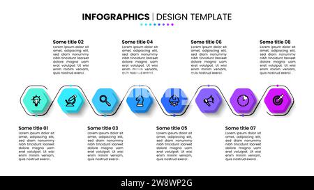 Infografik-Vorlage mit Symbolen und 8 Optionen oder Schritten. Sechseckige Zeitachse. Kann für Workflow-Layout, Diagramm, Banner und Webdesign verwendet werden. Vektorillust Stock Vektor