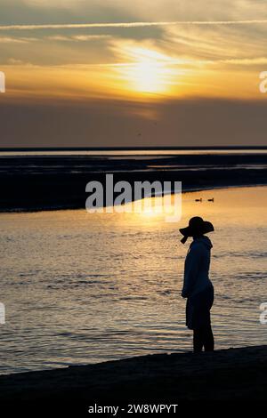 Silhouette einer Frau, die bei Sonnenuntergang auf der Insel Borkum am Strand steht und zwei Enten beobachtet, die auf dem Wasser schwimmen, Niedersachsen, Deutschland Stockfoto