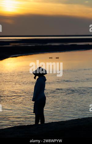 Silhouette einer Frau, die bei Sonnenuntergang auf der Insel Borkum am Strand steht und zwei Enten beobachtet, die auf dem Wasser schwimmen, Niedersachsen, Deutschland Stockfoto
