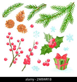 Set mit Weihnachtselementen mit Nadelbaumzweigen, stechpalmenzweigen und Beeren, Tannenzapfen, Schneeflocken und einem Geschenk. Clipart mit Wasserfarben für Design Stockfoto