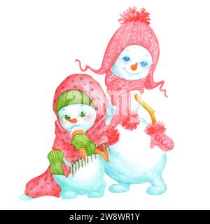 Niedliche Cartoon Schneemänner kleine Mädchen in gestrickten Hüten und Fäustlingen. Isolierte Aquarell handgemalte Illustration für Weihnachtsdesign Stockfoto
