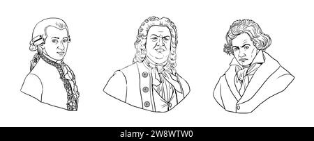Porträts weltbekannter Komponisten: Mozart, Bach und Beethoven. Zeichnung mit Büsten bekannter Musiker. Stockfoto