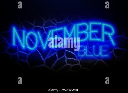 3D Illustration, Steinwand Hintergrund, mit Neonblau november, beleuchtet, hell Stockfoto