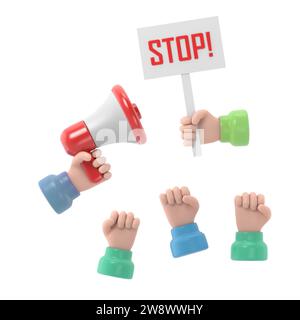 Zeichentrickhände von Dämonstranten und Hand mit Megaphon und Stoppzeichen, Protestkonzept, Revolution, Konflikt, 3D-Rendering auf weißem Hintergrund. Stockfoto