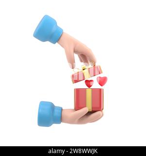 Geschenk des Liebeskonzeptes. Alles Gute zum Valentinstag. Mann, der in den Händen hält, öffnet die Geschenkbox mit rotem Herzen, Symbol Liebesbekenntnisse. Abbildung flach. Roma Stockfoto