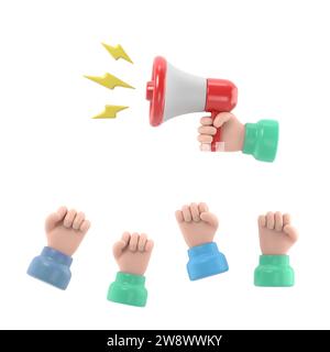 Zeichentrickhände von Dämonstranten und Hand mit Megaphon, Protestkonzept, Revolution, Konflikt, 3D-Illustration in flacher Konstruktion .3D-Rendering auf weißem Hintergrund Stockfoto
