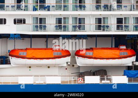 Zwei der Rettungsboote und Deck des Kreuzfahrtschiffs der Tui Century Class, Marella Explorer, Stockfoto