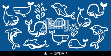 Niedliche Zeichentrickserie von Walen und Delfinen handgemalt mit Pinselstrich, auf blauem Hintergrund. Grunge-Vektor-Illustration Stock Vektor