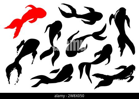 Karpfen Koi Fische schwimmen in einem Teich Hand mit Tintenbürste bemalt, isoliert auf weißem Hintergrund. Vektorgrafik Stock Vektor