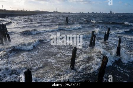 22. Dezember 2023, Mecklenburg-Vorpommern, Altefähr: Wellen brechen am Strand von Altefähr auf der Insel Rügen. Im Hintergrund ist die Silhouette der Hansestadt Stralsund zu sehen. Der Deutsche Wetterdienst warnte bis Freitag vor Sturmwinden – vor allem an der Küste westlich von Rostock bis Vorpommern. Foto: Stefan sauer/dpa Stockfoto