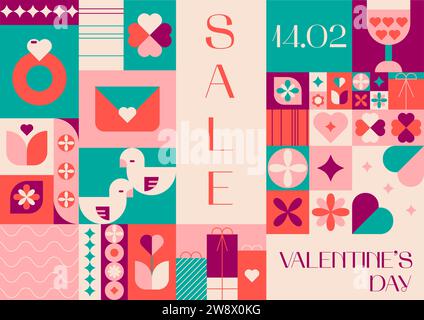 Happy Valentines Day Sale geometrisches abstraktes Muster für Verpackung, Grußkarte, Poster und soziale Medien. Mosaikrückseite im trendigen Stil Stock Vektor