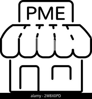 Symbol einer Ladenfront für kleine Unternehmen mit „PME“-Schild, „petite et moyenne Enreprise“ für französischsprachige KMU, Logo für kleine und mittlere Unternehmen. Stock Vektor