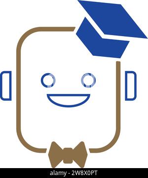 Geschulter Bot mit Graduiertenhut und Fliege, zertifiziert, gebildet, intelligent, kultiviert, trainiert in maschinellem Lernen, Deep Learning, das lernt Stock Vektor
