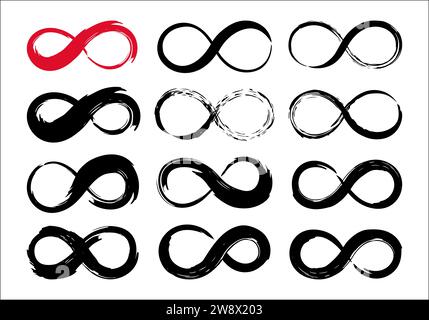 Infinity-Symbole sind handbemalt mit Pinselstrich und schwarzer Farbe. Vektorabbildung. Stock Vektor