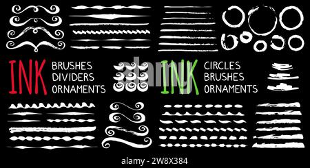Pinsel , Trennblätter, Kreise und Ornamente. Handbemalt mit Tintenpinsel in grungy Tafel-Stil. Vektorabbildung Stock Vektor