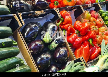 Altenkirchen Themen Nahrungsmittel, Markt, Gemuese, Gemueseauslage, 19.12.2023 Gemueseauslage mit verschiedenen Gemuesorten im Regal eines SupermarktesThemen Nahrungsmittel, Nahrungsmittel, Markt, Gemueseauslage, Aubergine, 19.12.2023 *** Altenkirchen Themen Lebensmittel, Markt, Gemüse, Gemüseanzeige, 19 12 2023 Gemüseanzeige mit verschiedenen Gemüsearten im Regal eines Supermarktes Themen Lebensmittel, Lebensmittel, Markt, Gemüse, Gemüseanzeige, Aubergine, 19 12 2023 Copyright: xAugstx/xEibner-Pressefotox EP jat Stockfoto