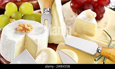 Italienische Käseplatte - geschickt angeordnete Käseblöcke - italienischer Gourmet-Käse auf der Tischplatte, verschiedene Käsesorten wunderbar gepaart Stockfoto