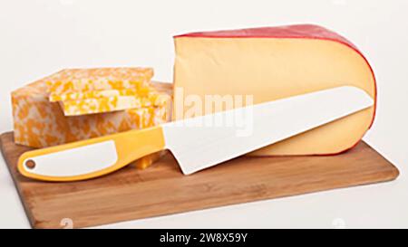 Italienische Käseplatte - geschickt angeordnete Käseblöcke - italienischer Gourmet-Käse auf der Tischplatte, verschiedene Käsesorten wunderbar gepaart Stockfoto