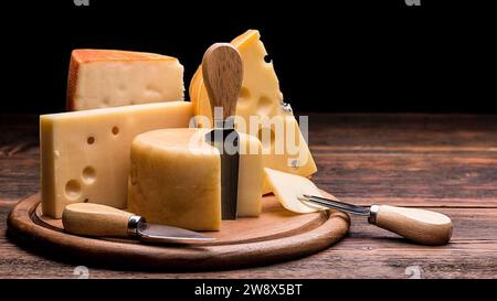 Italienische Käseplatte - geschickt angeordnete Käseblöcke - italienischer Gourmet-Käse auf der Tischplatte, verschiedene Käsesorten wunderbar gepaart Stockfoto