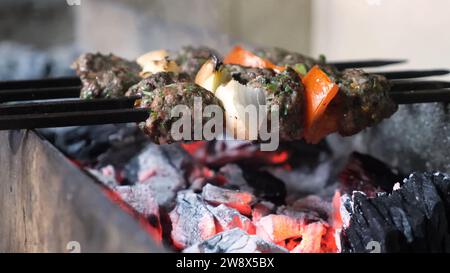 Rauchiges gegrilltes Fleisch in Spießen auf heißen Kohlen - Holzkohle gegrilltes Fleisch auf Spießen - Spieße gegrillte Waren Stockfoto